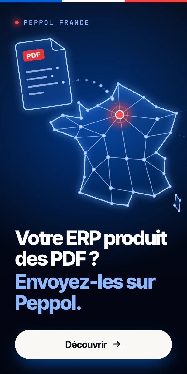 Peppol France. Votre ERP produit des PDF ? Envoyez-les sur Peppol. Illustration : une facture PDF entre dans un réseau en forme de France.